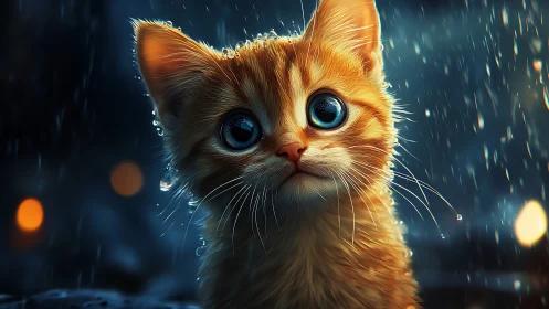 Golden Cat's Soulful Gaze in Rain and Neon Lights