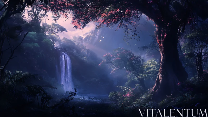 Ethereal Cave Portal: Waterfall Sanctuary Bathed in Enchanted Dawn Light.