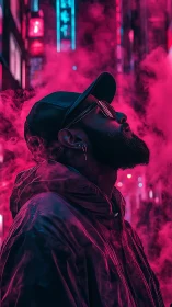 Profile view of man in neon city fog at night street scene.