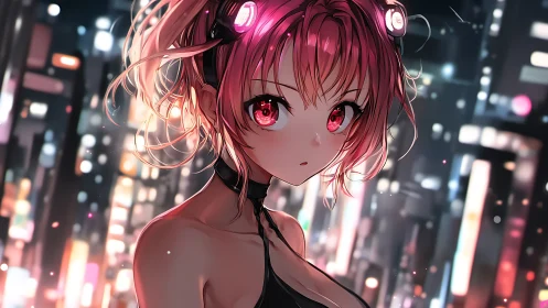 Cyberpunk anime girl with neon headset in city nightscape.