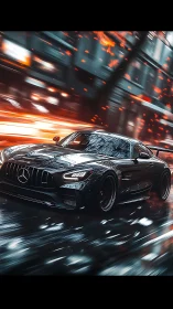 Midnight city sprint with a sleek black sports coupe.