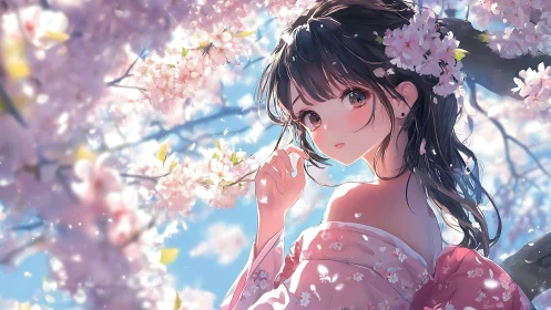 Girl in pink kimono gazes through glowing cherry blossoms