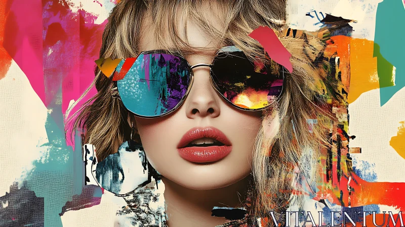 Vibrant portrait merges mirrored sunglasses with abstract paint.