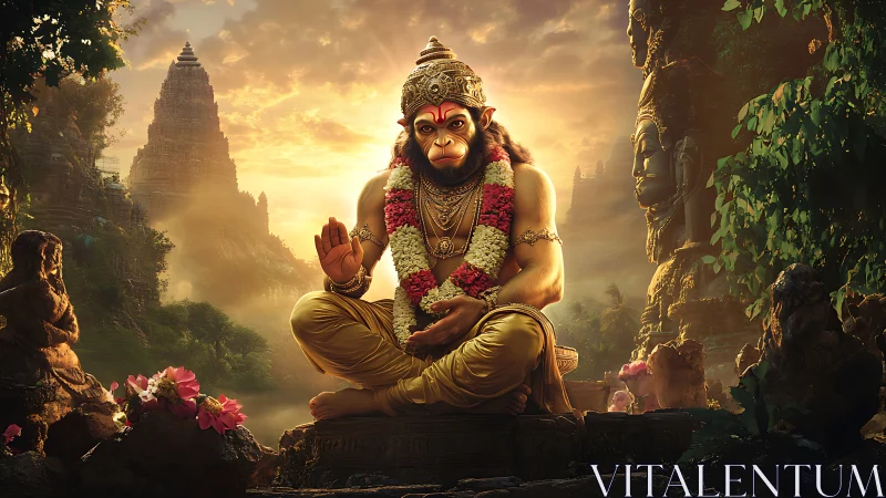 Monkey-headed deity sits cross-legged before ornate temples