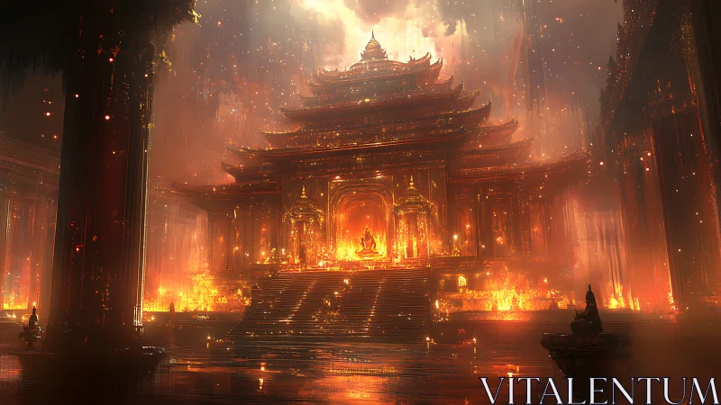 Radiant fractal pagoda amid volumetric ember-lit sanctum.