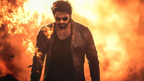 Photorealistic action portrait against explosive fireground.