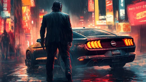 Neon rain vigil beside muscle car in futuristic alleyway.