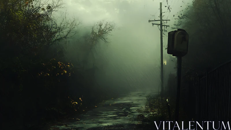 Rain-soaked foggy road with lone power lines at dusk.