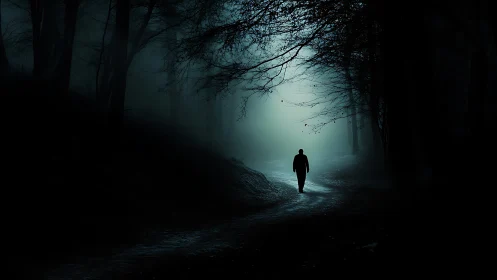 Silhouetted figure walking along misty forest pathway.