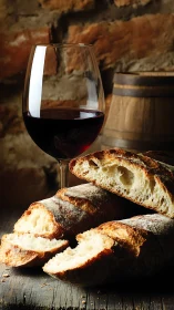 Wine and Artisanal Bread Pairing Against Rustic Cellar Backdrop.