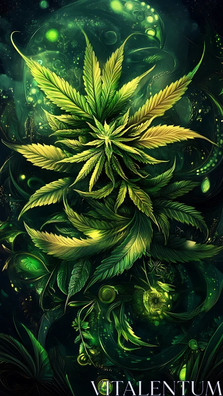 Luminous cannabis rosette in cosmic botanical digital painting.