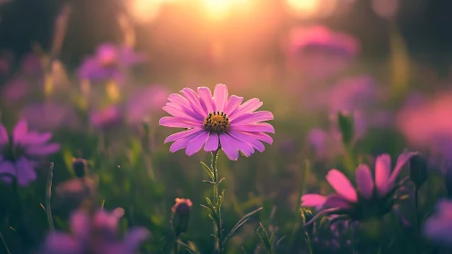 Single pink daisy stands in shallow-focus field at sunset