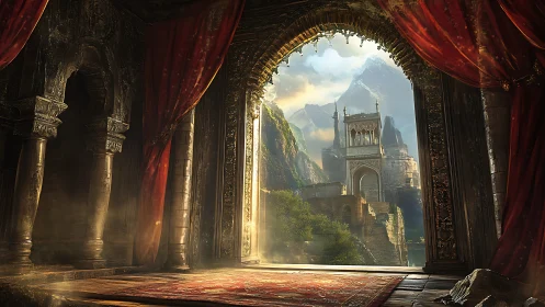 Interior stone archway frames distant mountainous citadel