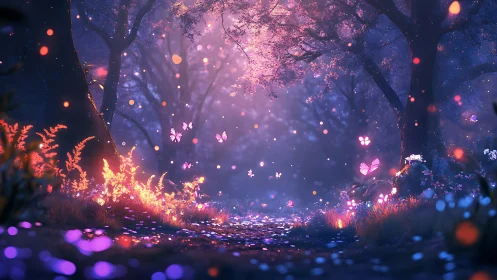 Illuminated forest path with glowing plants and butterflies.
