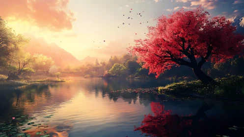Red tree by tranquil mountain lake at warm sunset light.