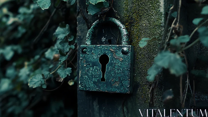 Corroded iron padlock with moss, ivy, and environmental decay.