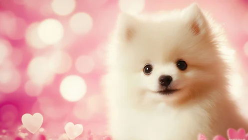 White fluffy puppy against soft pink bokeh background.