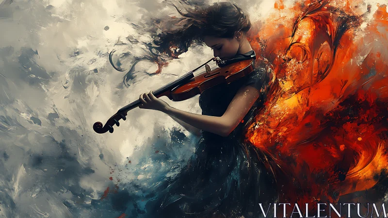 Dynamic violinist framed by turbulent abstract fire and smoke