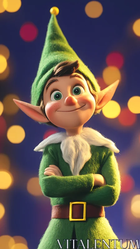 Cheerful Christmas elf poses amid glowing holiday bokeh magic.