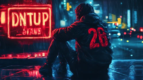 Solitary figure in neon-soaked rain, high-contrast cyberpunk palette
