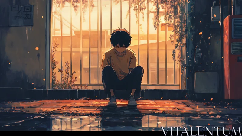 Soft sunset solitude with a quiet boy by glowing puddles.