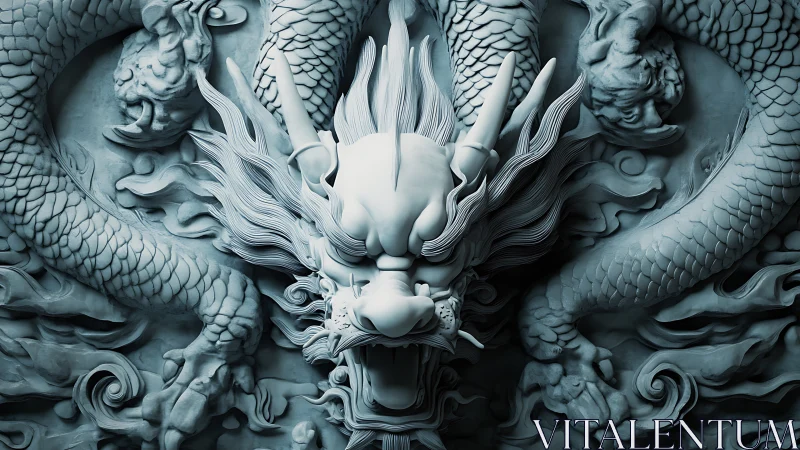 Majestic stone dragon relief surges forward in frozen motion