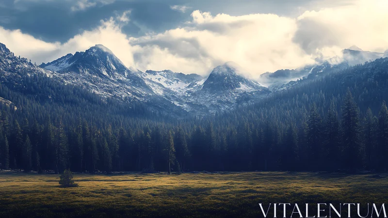 Snowy mountain peaks rise above a misty forest valley.