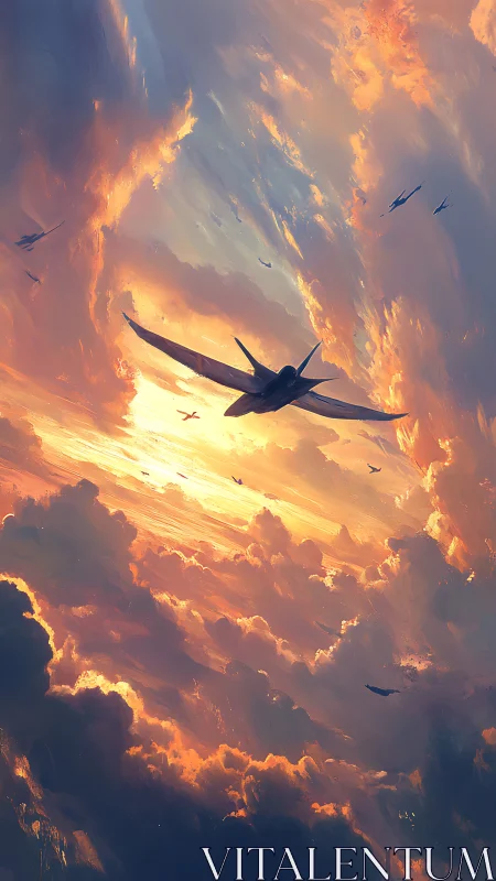 Digital painting of jet squadron across radiant storm sky.