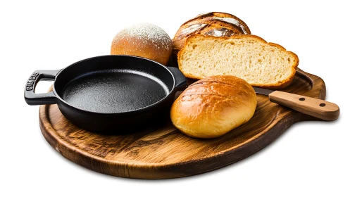Cast iron skillet with fresh bread and wooden serving board