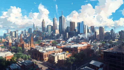 Digital cityscape shows layered urban skyline under clouds