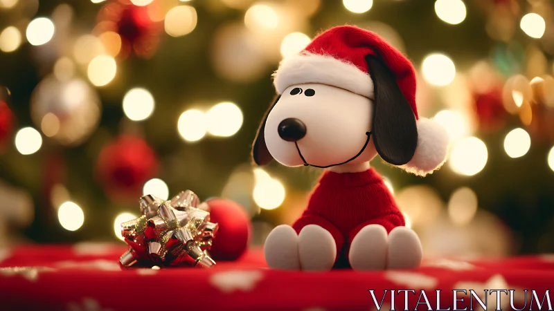 Festive beagle toy in Santa hat amid warm bokeh lights.