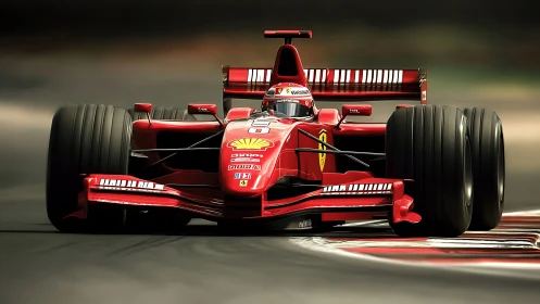 Red single-seat racing car on circuit apex in motion.