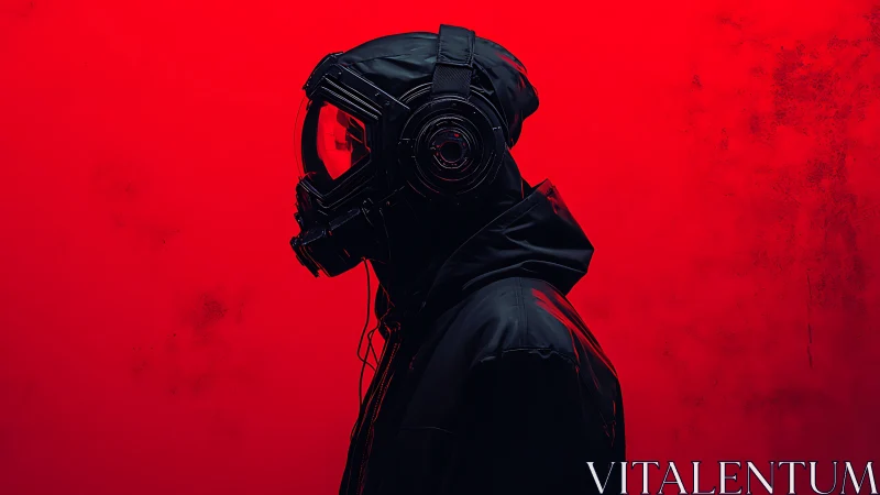 Profile figure in black hazmat gear on red backdrop.