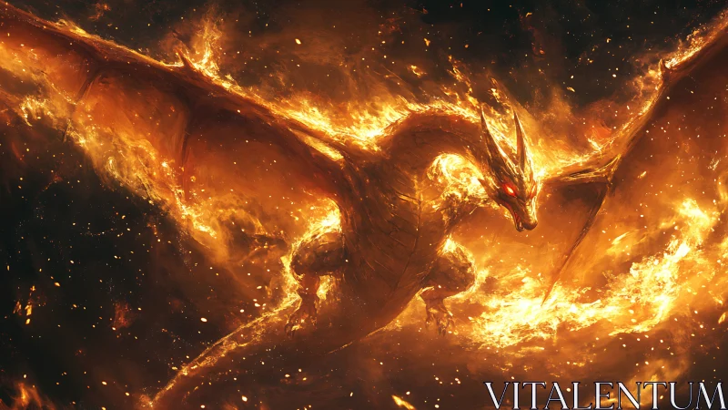 Fiery dragon with burning wings in blazing night sky.