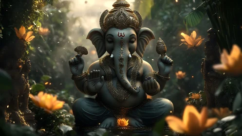 Ganesh statue in lush forest environment with warm light.