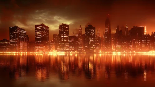 Glowing futuristic city skyline burns across calm water