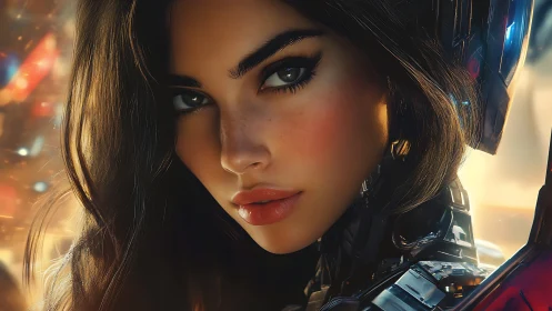 Cybernetic warrior portrait with luminous bokeh glow.