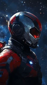 Armored space operative in red and white suit, side profile.