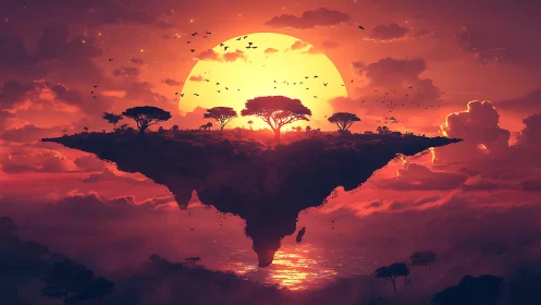 Floating landmass silhouette against large sun with atmospheric sky