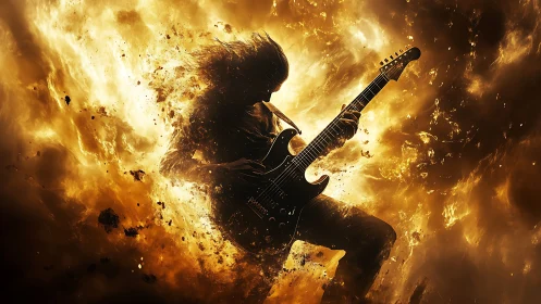 Silhouetted rock guitarist shreds within a blazing firestorm