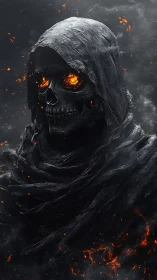 Hooded skeletal figure with molten eyes stands amid embers