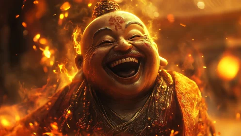 Laughing golden Buddha engulfed in dynamic fiery illumination