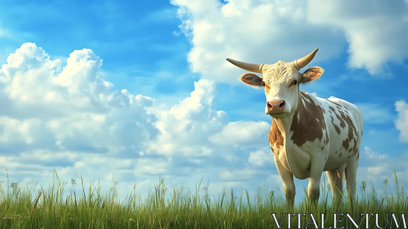 Photorealistic longhorn bovine under expansive clouded sky.