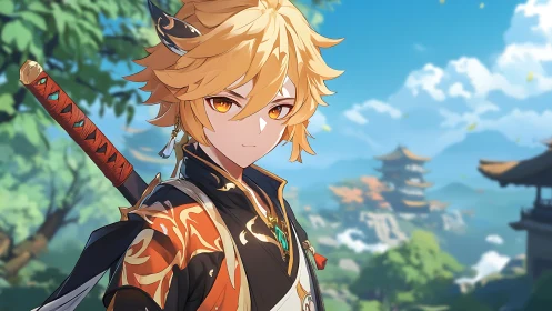Golden-haired anime swordsman stands in serene temple valley
