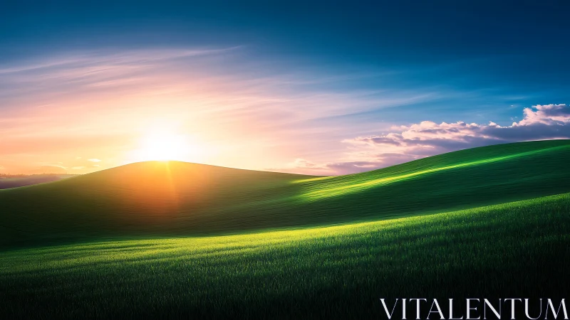 Sunrise light sweeps over rolling green hills and sky