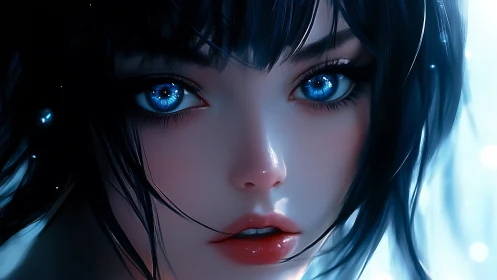 Iridescent blue-eyed portrait in high-gloss digital render.