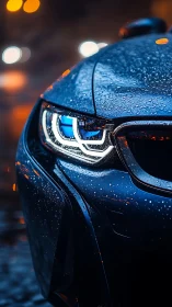Midnight blue sports car headlight with rain-soaked detail.