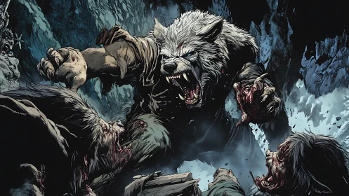 Winter cave werewolf clash bursting with wild moonlit fury.