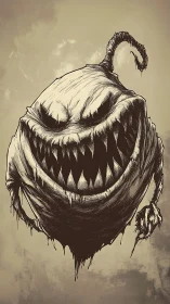 Monochrome ink depiction of floating fanged creature form.