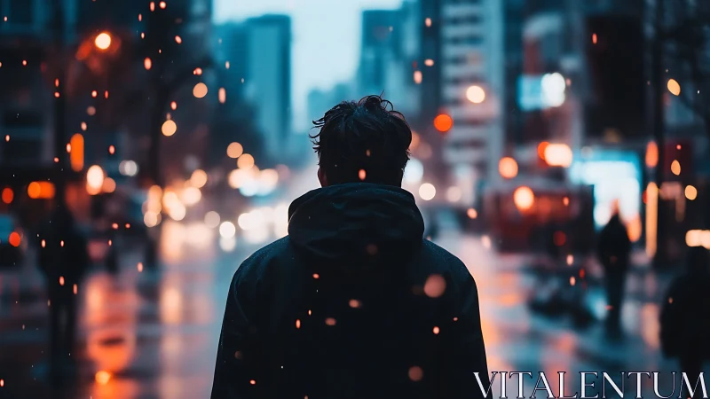 Silhouetted wanderer in neon city rain at blue hour dusk.